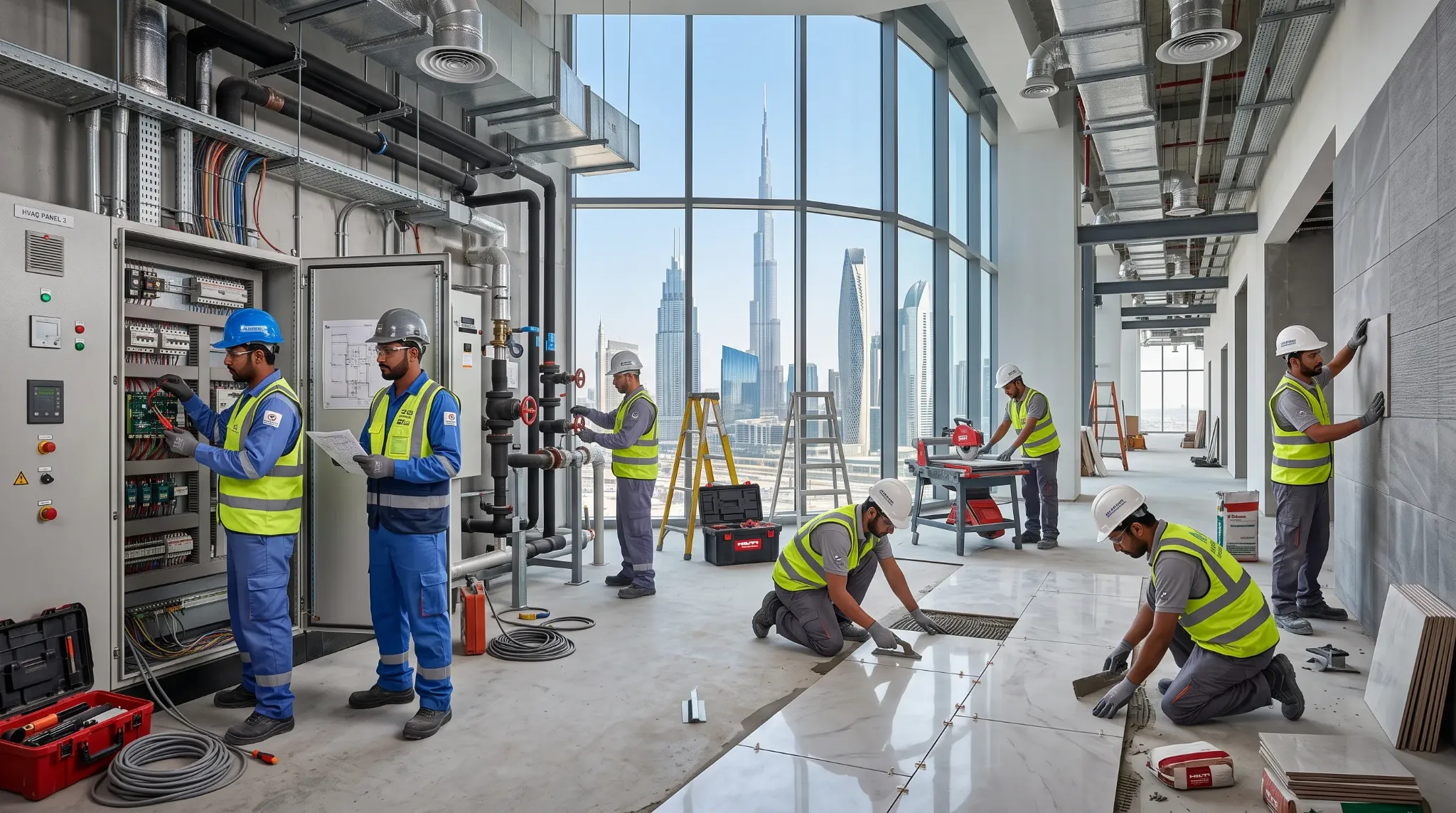 Wadi Affiya technicians delivering electromechanical and tiling works in Dubai