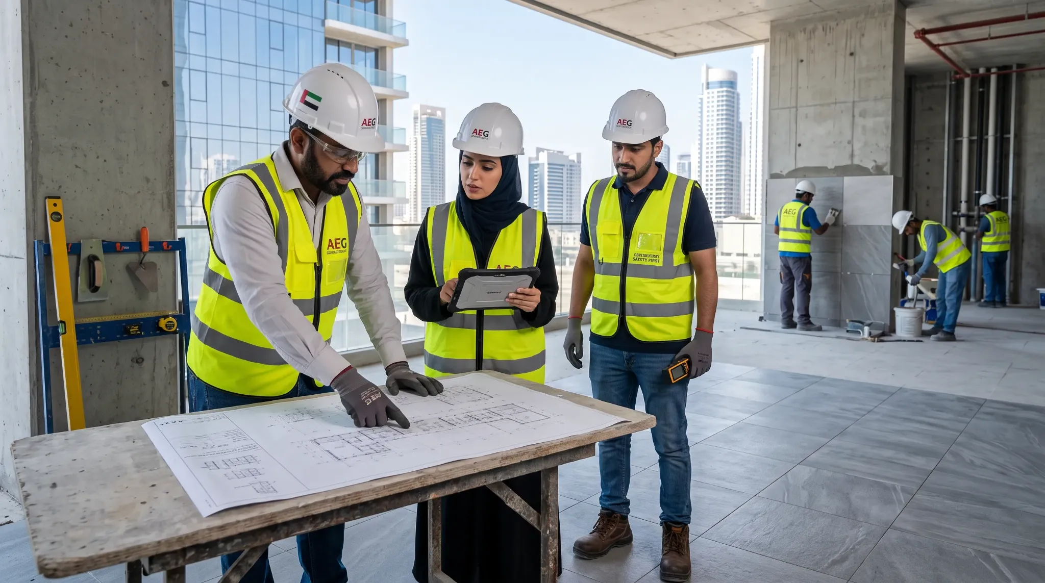 Engineers reviewing project drawings at a UAE site