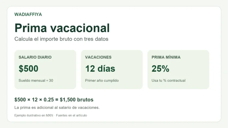 Ejemplo de prima vacacional: $500 diarios por 12 días de vacaciones y 25% de prima equivalen a $1,500 brutos.