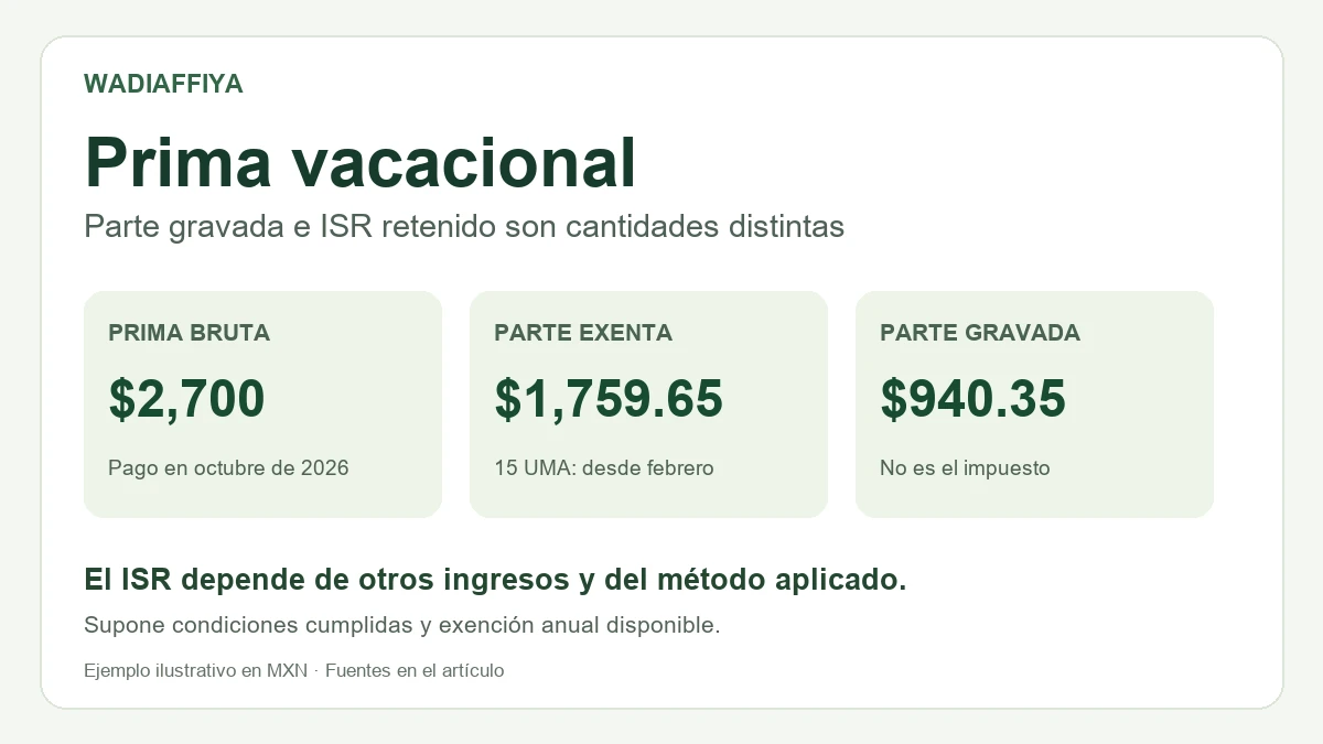 Prima vacacional de $2,700 en octubre de 2026: $1,759.65 exentos y $940.35 gravados; la parte gravada no equivale al ISR.